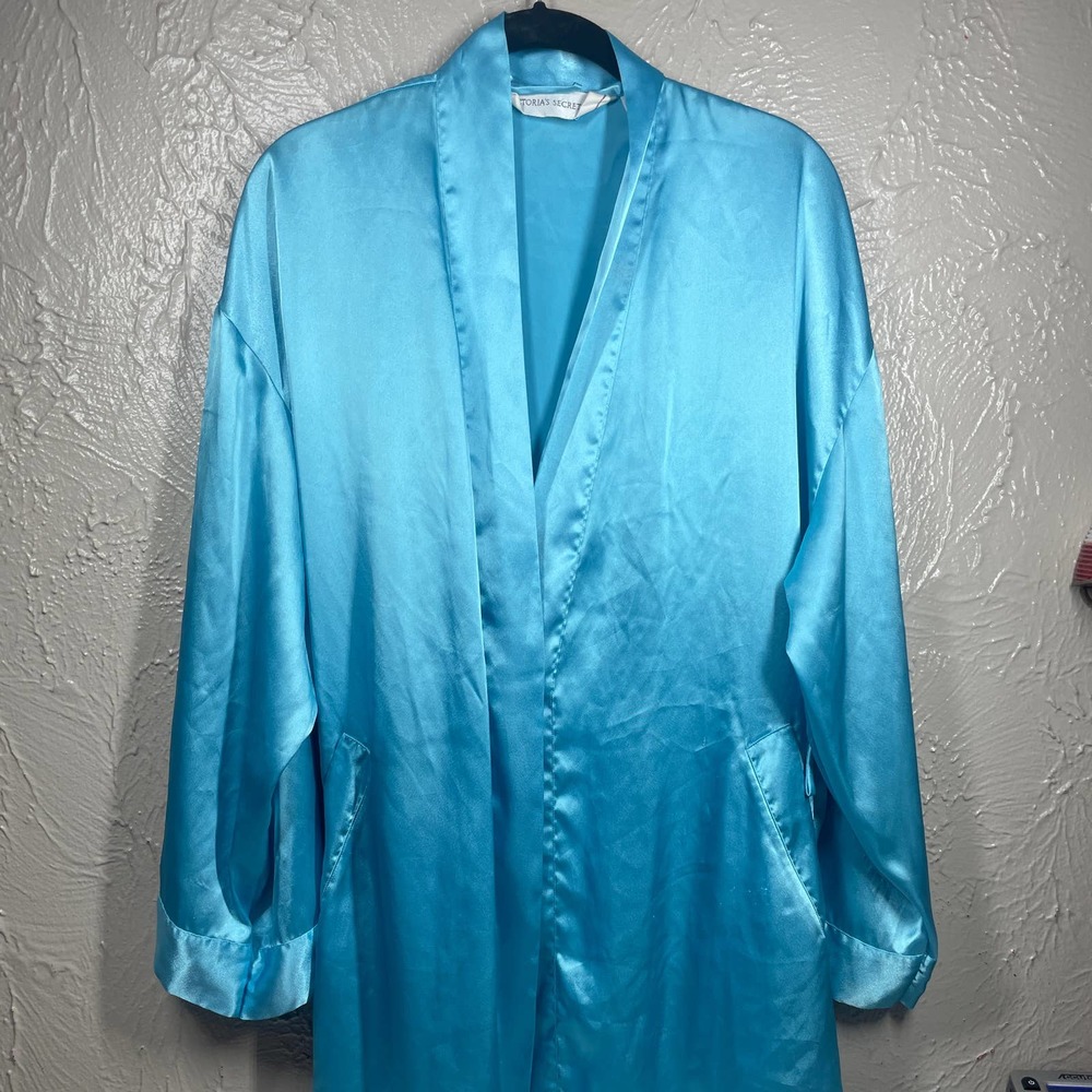 Victoria's Secret Blue Long‎ Sleeve Silk Sateen Comfort Sleepwear Robe Womens OS